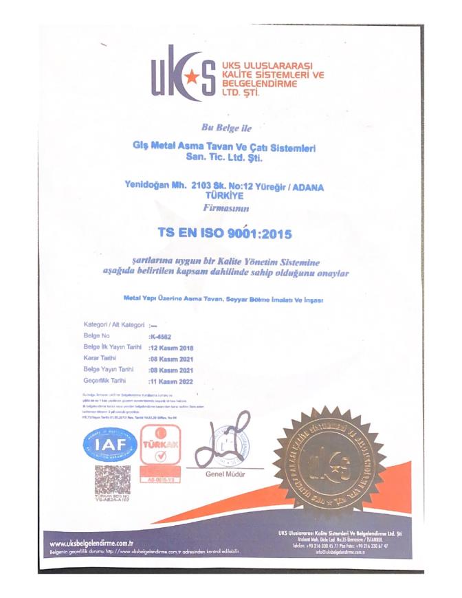 ISO 9001:2015 Kalite Yönetim Sistemi Belgesi